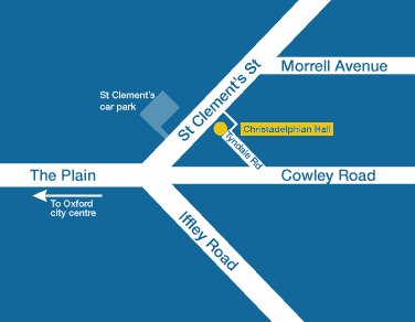 From Cowley Road heading towards Oxford centre, turn right into Tyndale Road and continue to the end. Nearest car park is St Clement's. Walking from St Clement's, turn left, cross at the lights, then turn left, then right and right again; the hall is then on your right.